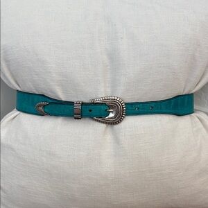Silver Creek Embossed Turquoise Leather Belt w/ Western Southwest Buckle